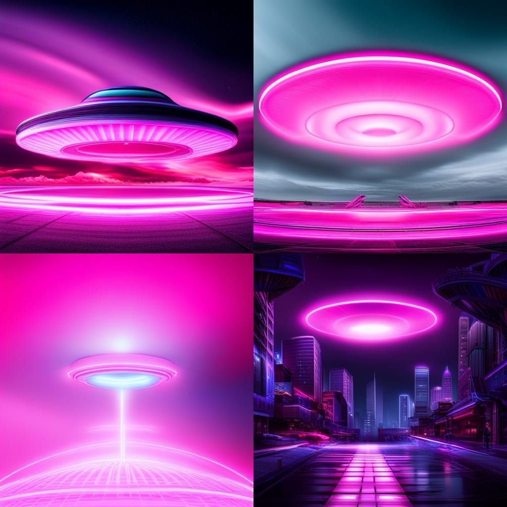 Pink Neon UFO in Hyperrealistic Style