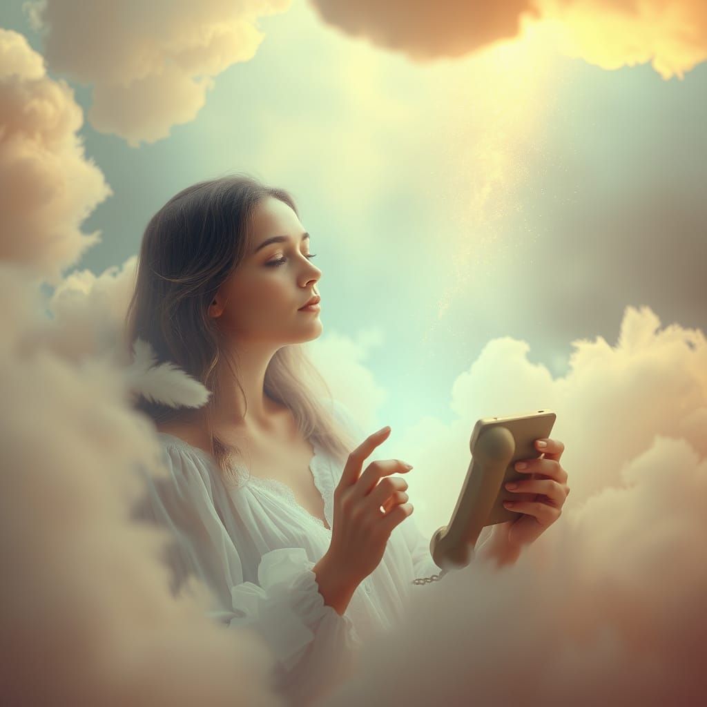 Serene Woman Receives Heavenly Message in Dreamlike Scene