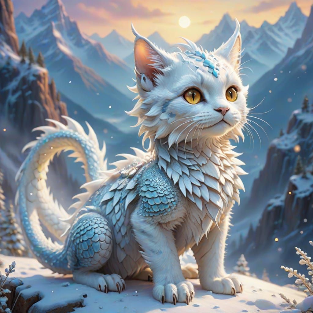 Whimsical Silver Dragon with Kitten in Snowy Valley
