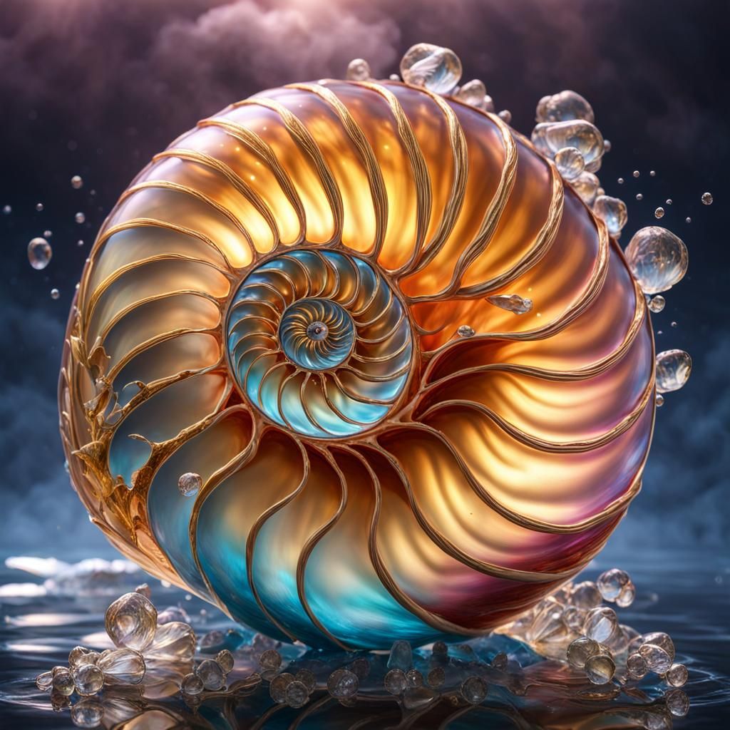 Hyperreal Nautilus Shell with Gold and Crystals