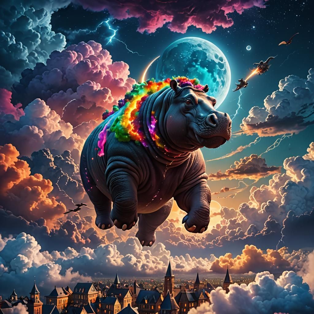 Town on Hippo Flying Above Clouds
