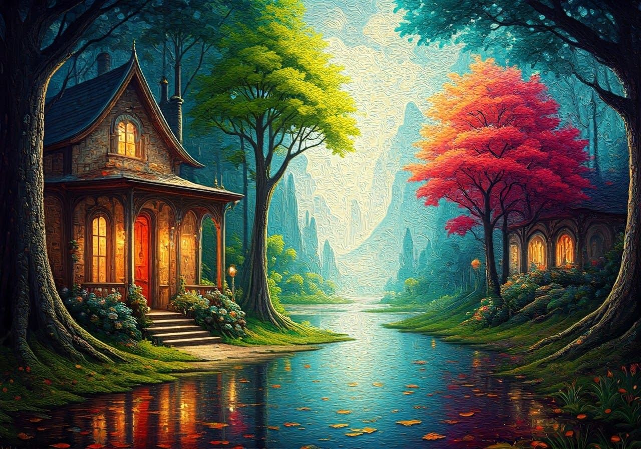 Vibrant Utopian Scenery as Impasto Oil Painting