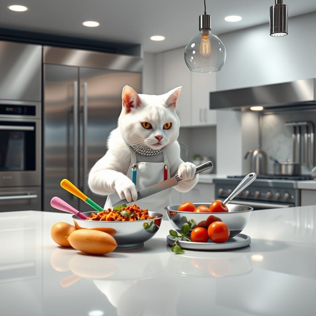 Futuristic Feline Chef Prepares Gourmet Meal in High-Tech Ki...