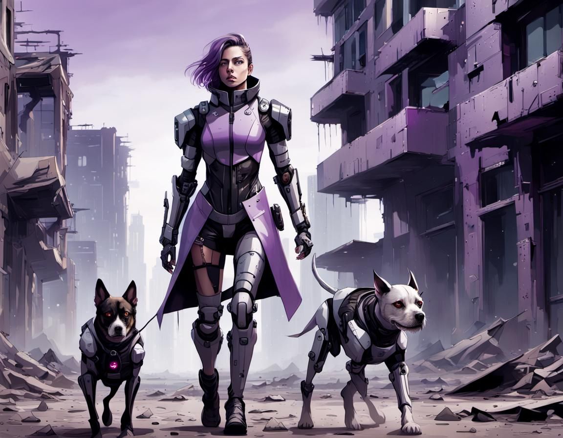 Cyborg and Robot Dog in Dystopian City