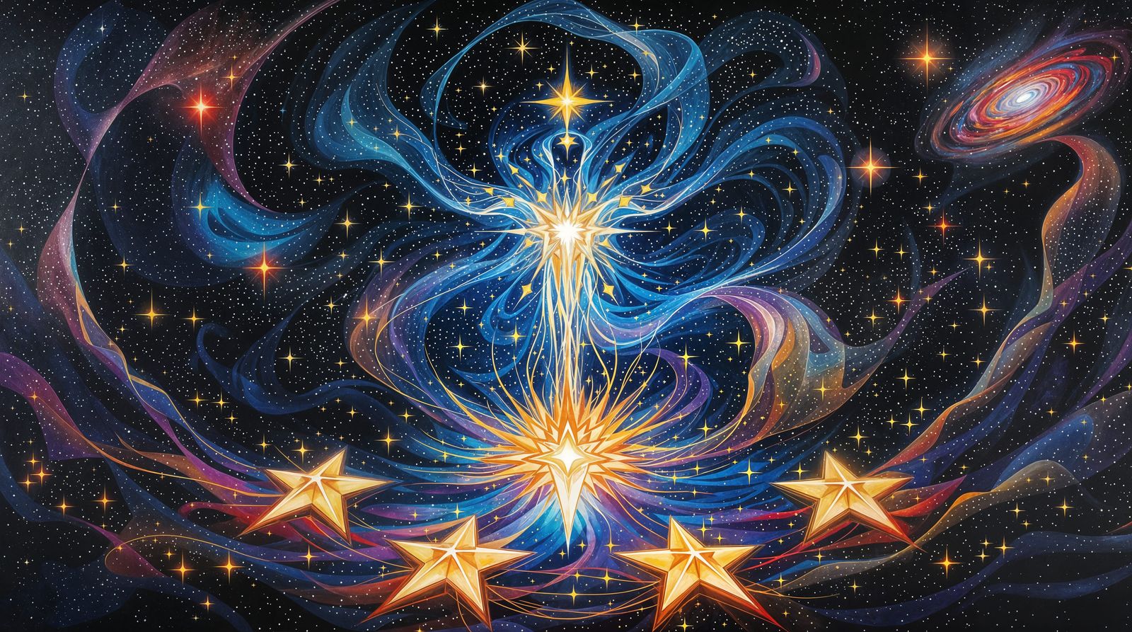 Vibrant Cosmic Genie amidst Swirling Stars and Celestial Won...