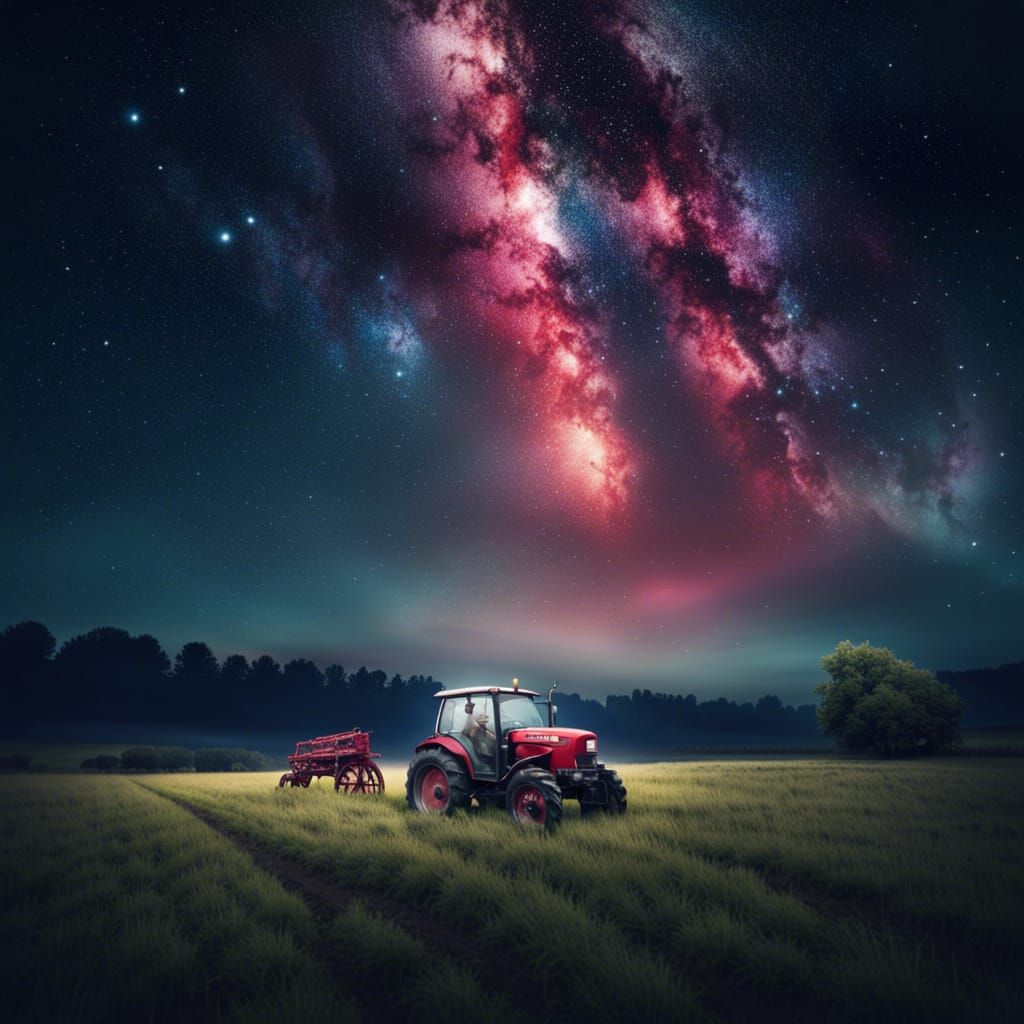 Milky Way Over Farm with Red Tractor
