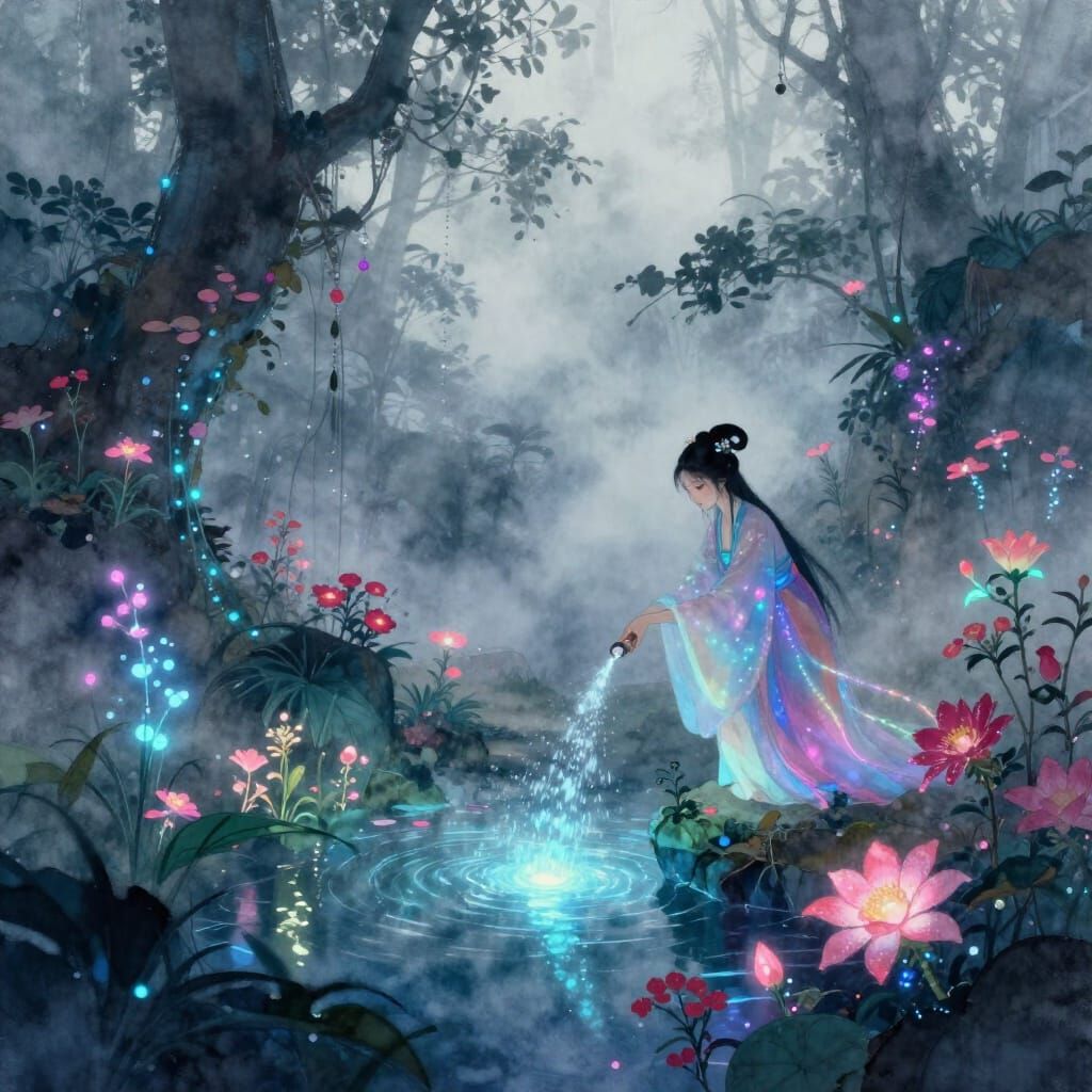 Bioluminescent Fairy Tends Cyberpunk Garden in Watercolor