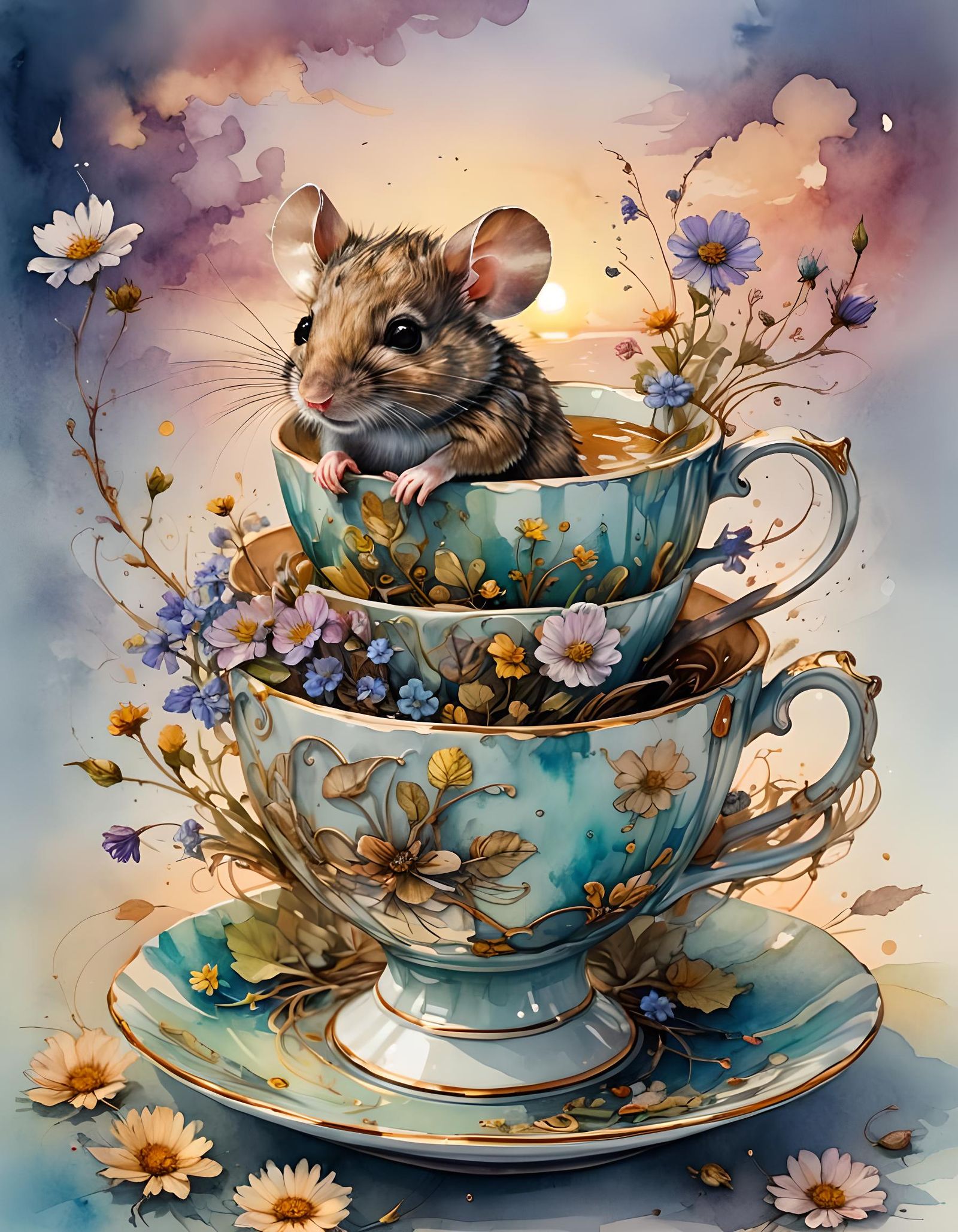 Mouse in Teacup: Digital Watercolor Summerscape
