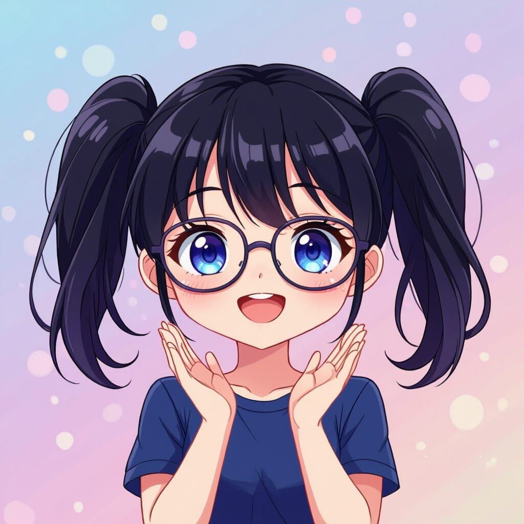 Enthusiastic Chibi Girl with Pigtails and Glasses
