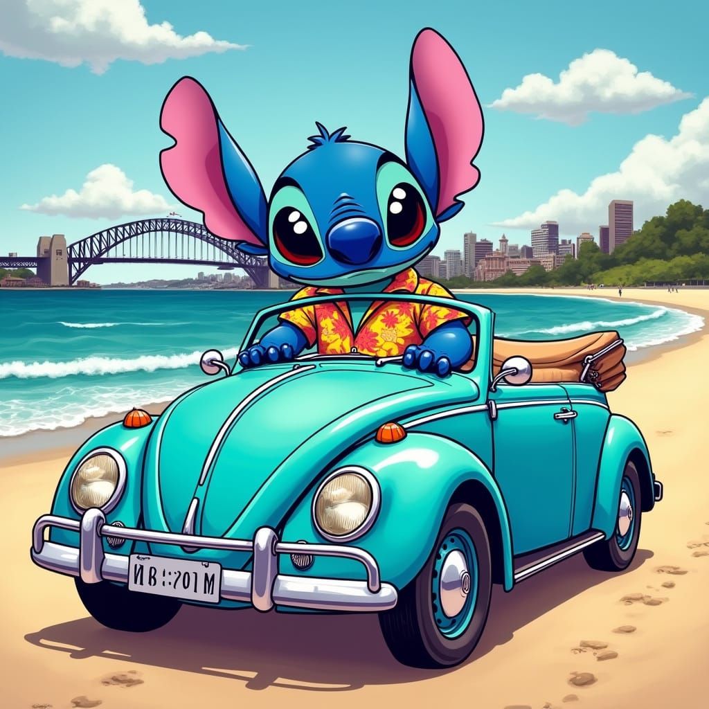 Stitch Drives a VW Beetle on Bondi Beach