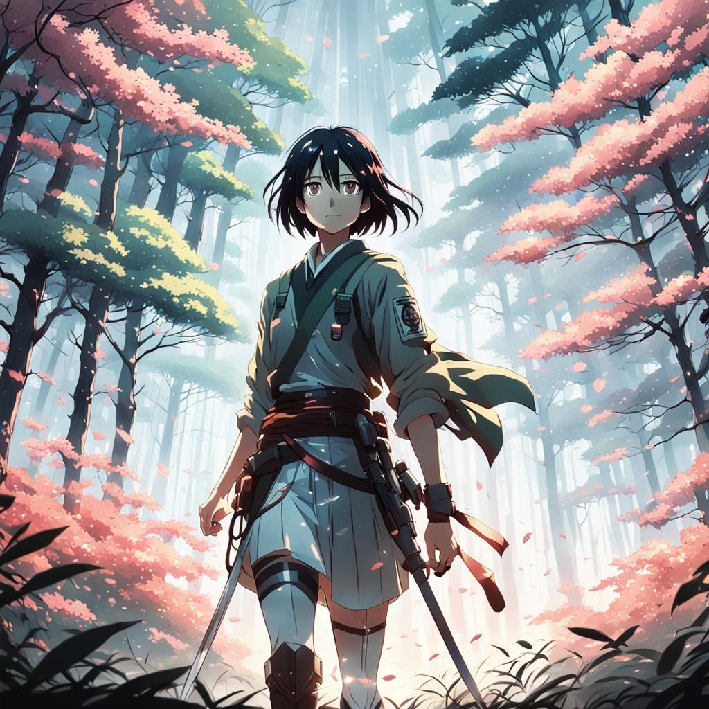 Mikasa Ackerman in Misty Forest, Anime Key Visual