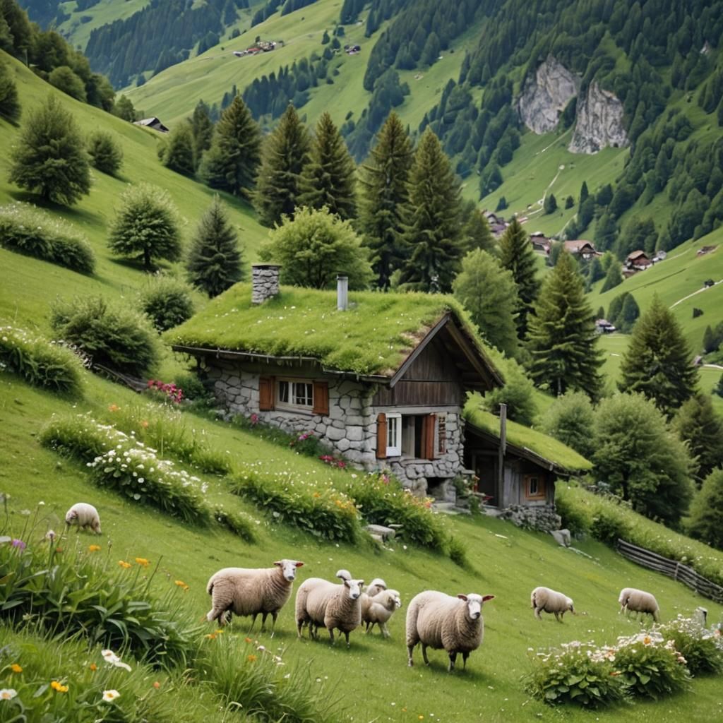 Cozy Swiss Alps Cabin in Storybook Style