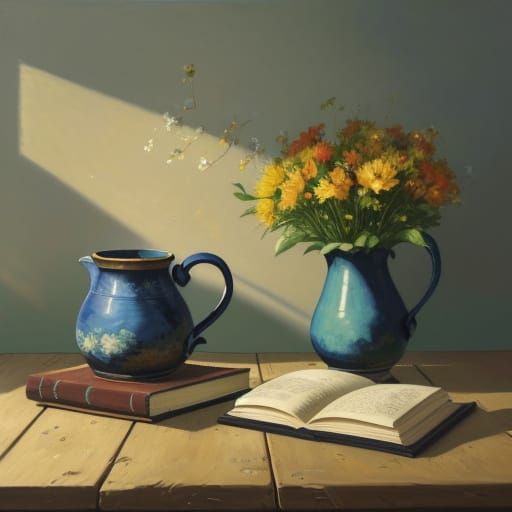 Vivid Impasto Still Life: Flowers and Book