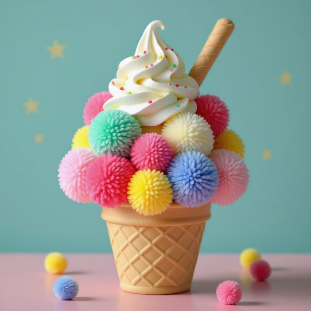 Rainbow Pom Pom Ice Cream Sundae in Playful Style