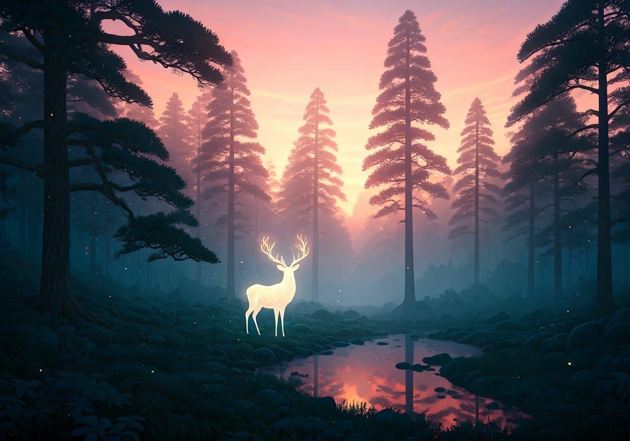 Enchanted Forest at Dawn with Mystical Deer