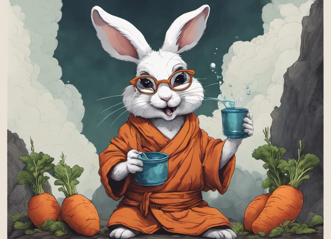 Monk Rabbit Mindfully Drinking Water in Matte Painting Style