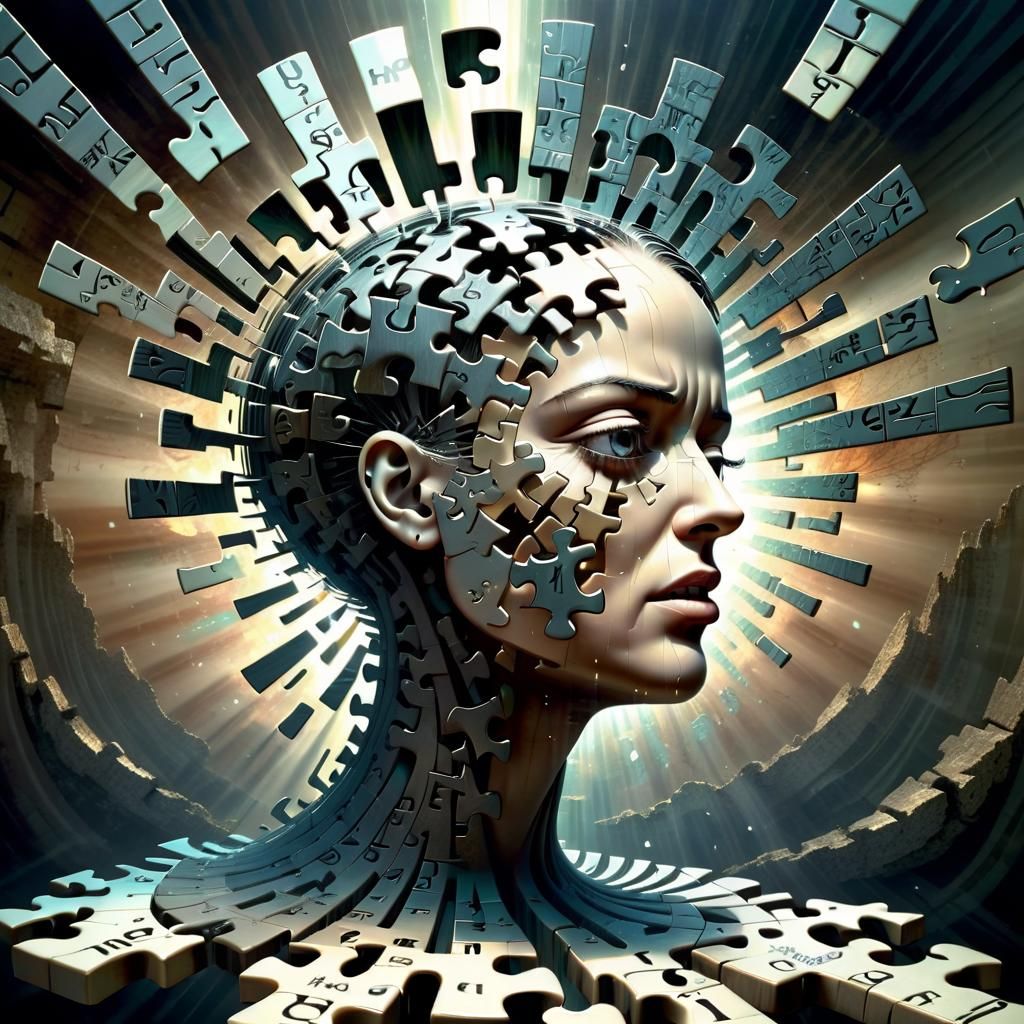 exploding fragmented face composed of flying puzzle pieces in vortex, matrix of glowing letters and symbols, crepuscular...