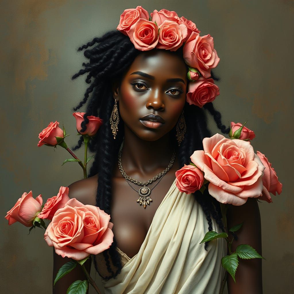 Black Orisha with Roses: A Divine Portrait
