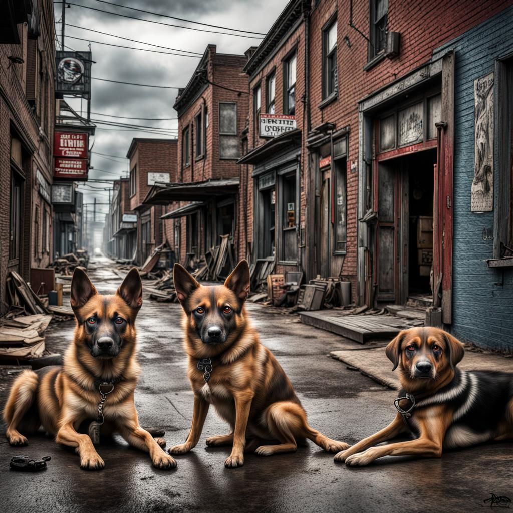 Hyperrealistic Dogs of Deadtown: Sharp Focus, High Contrast