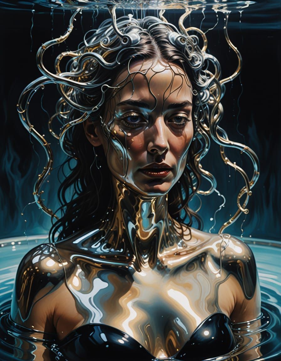 Woman Fused with Robotic Tendrils in Liquid Metal Pool