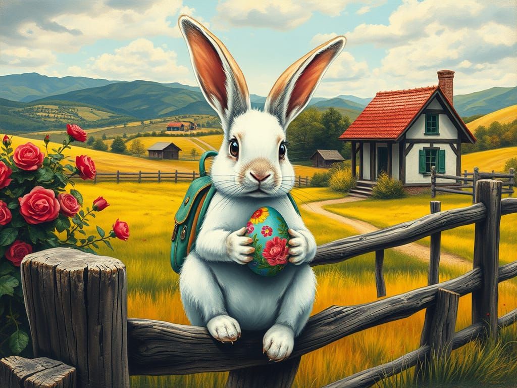 Bunny with Backpack in Rural Landscape, Charcoal Drawing