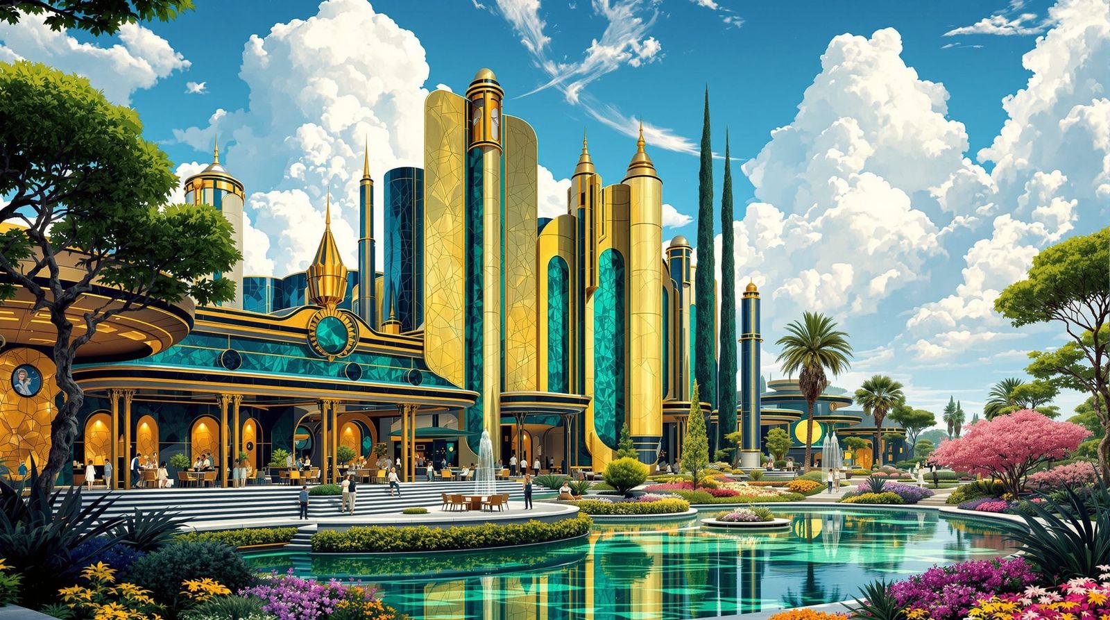 Malachite City Gardens: Klimt-Inspired Sci-Fi Illustration