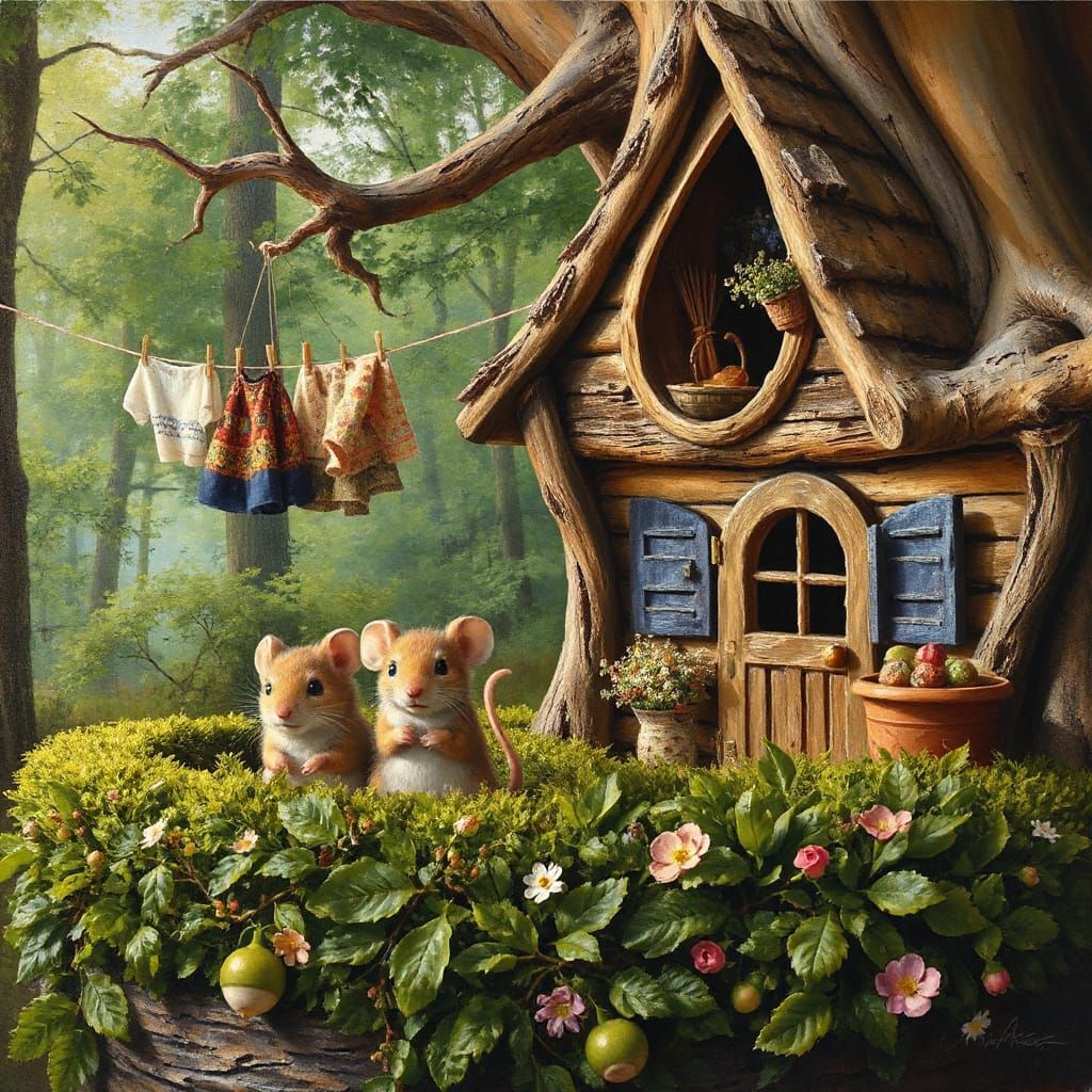 Whimsical Mouse Family in Vibrant Forest Scene