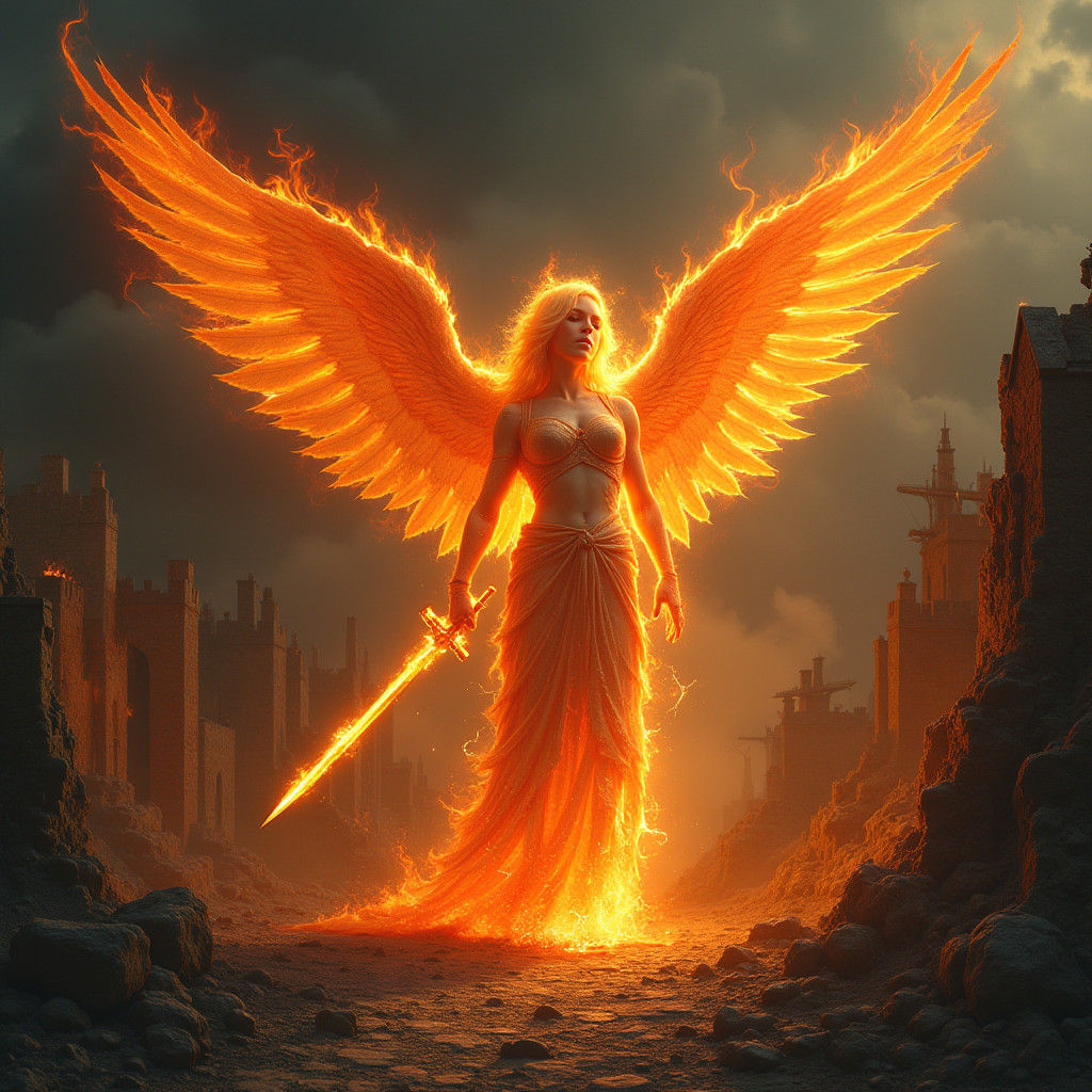 Ethereal Fire Angel Over Devastated Cityscape