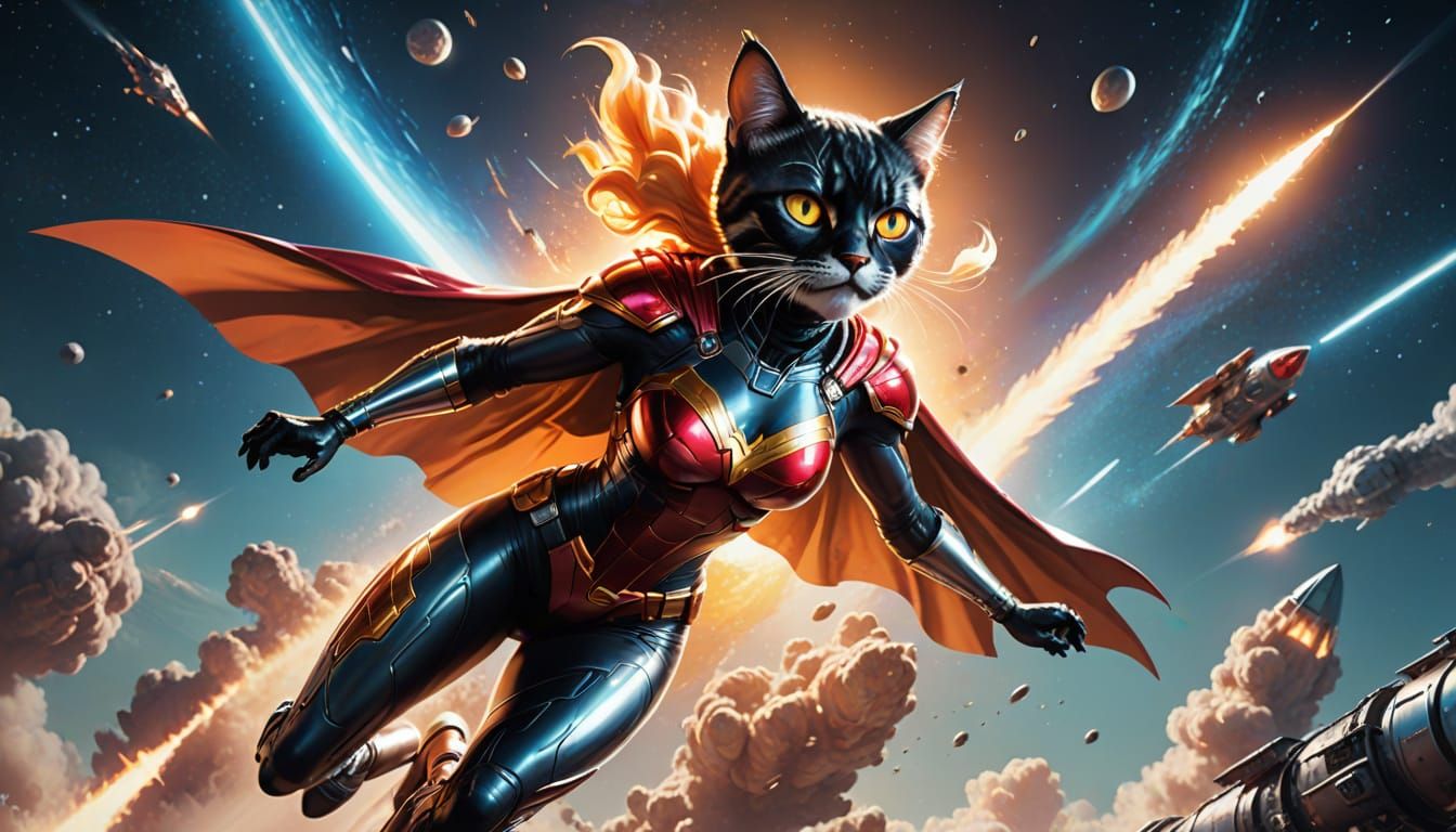 Chrome Superheroine on Cat Rocket in Space