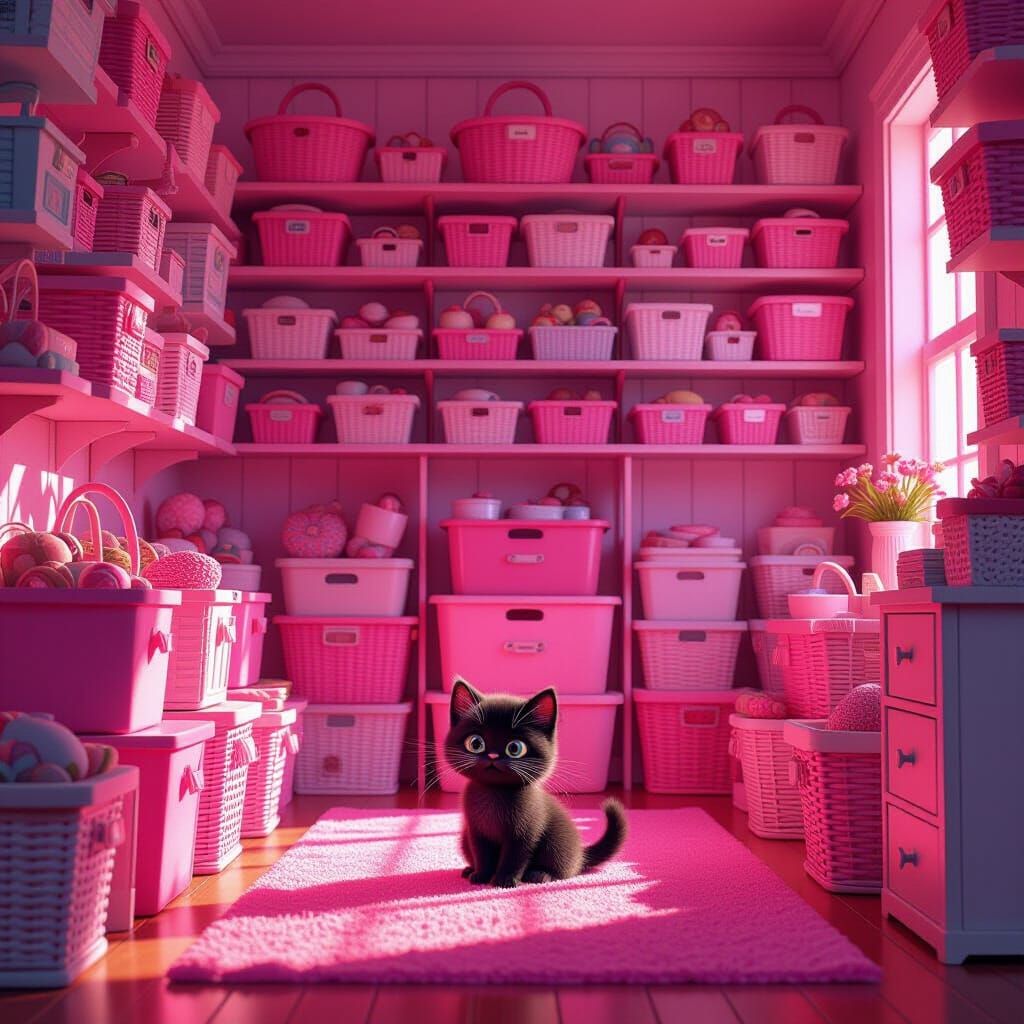 Whimsical Craft Room with Curious Kitten, Pixar Style