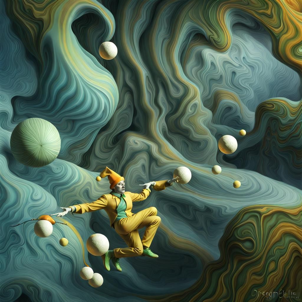 yellow jester juggler with psilocybe head throwing juggling 3 orange fireballs, 3D fractal/mendelbrot, pale complementar...