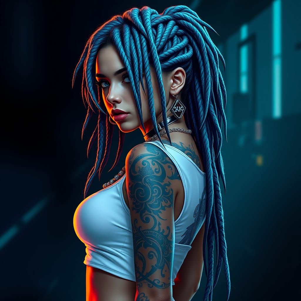 Cyberpunk Goddess with Blue Dreadlocks and Tribal Tattoos