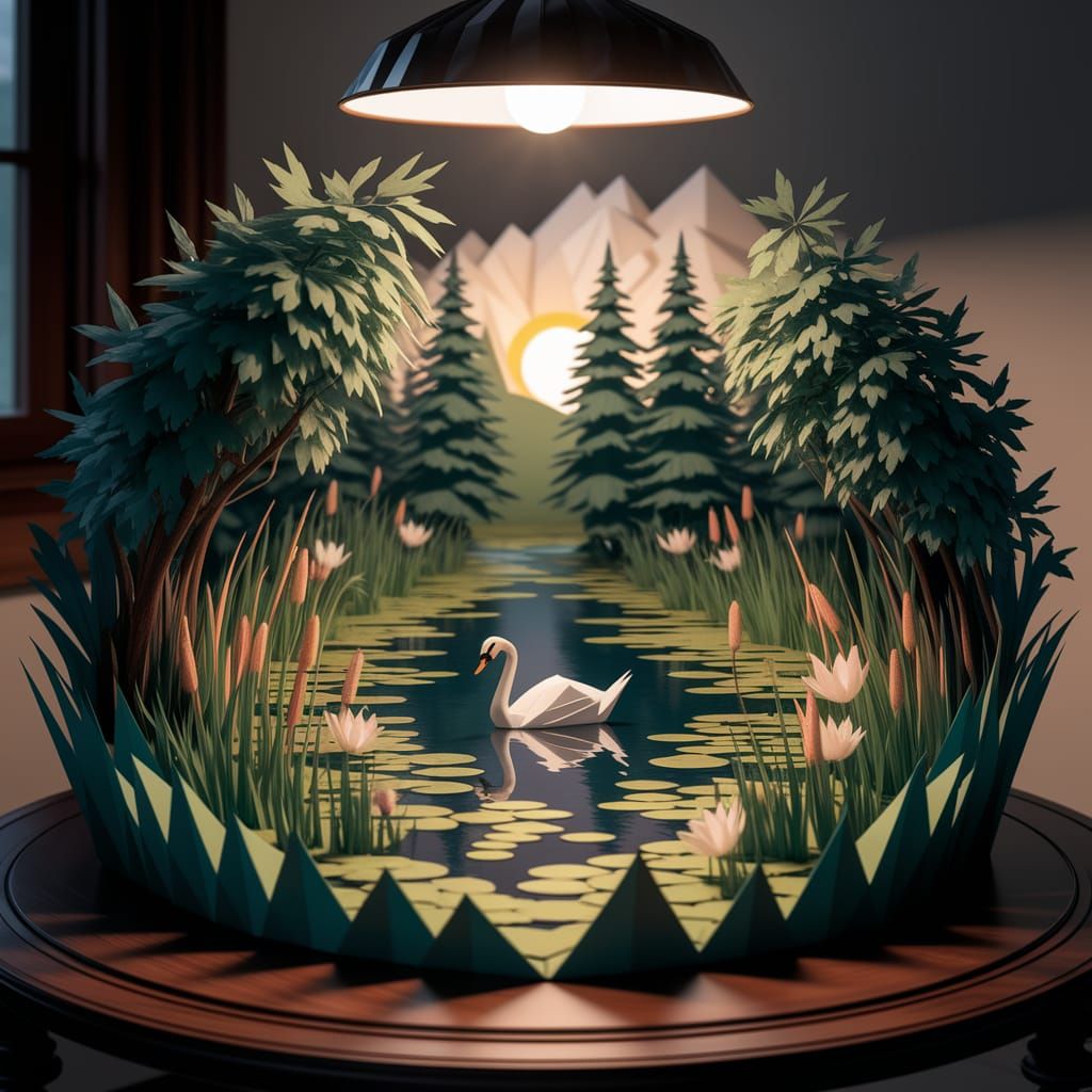 Origami Forest Lake Diorama with Swan in Morning Sun