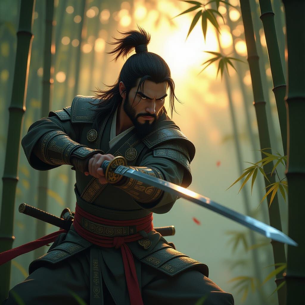 Warrior Slashes Bamboo in Sunlit Forest