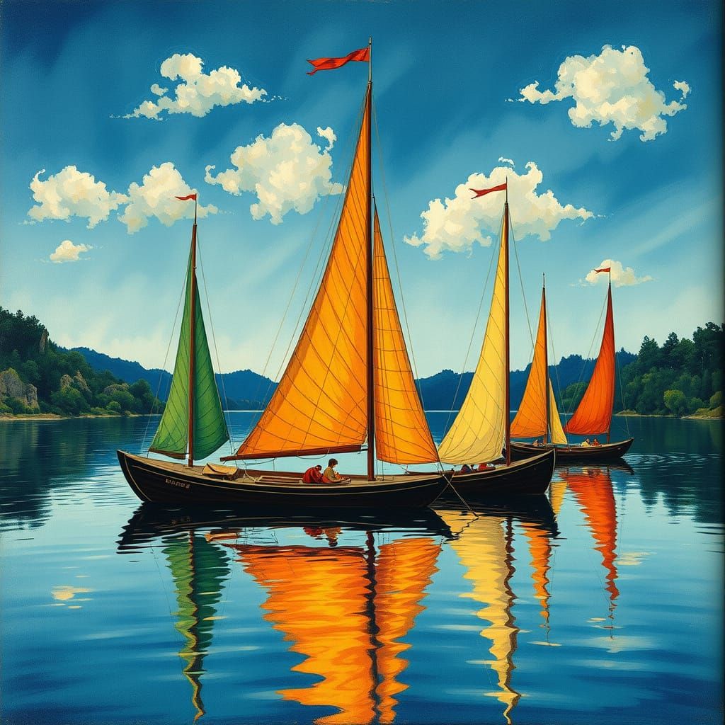 Vibrant Boats on a Serene Lake in Traditional Czech Style