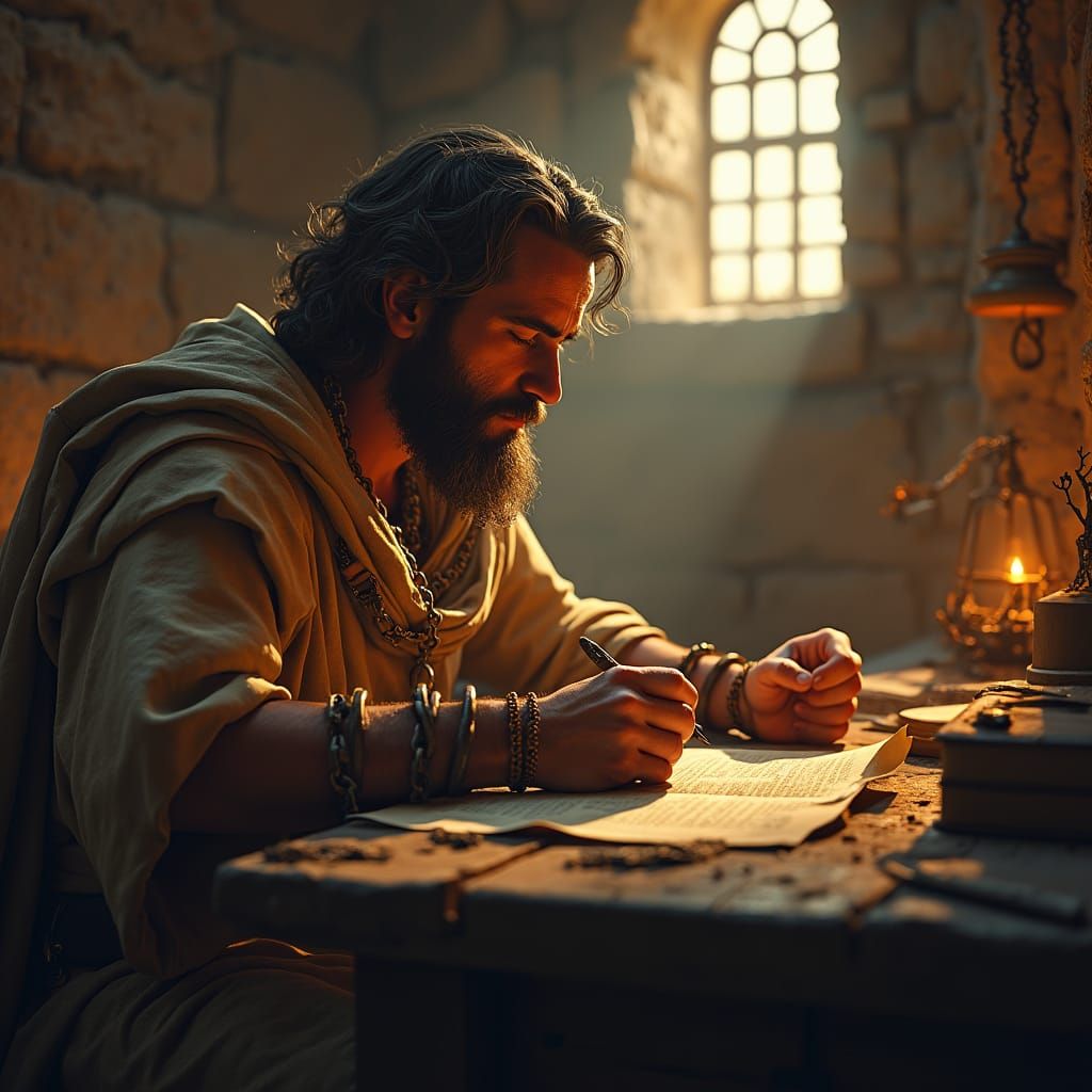 Apostle Paul Writing Epistles in Prison: Fantasy Art