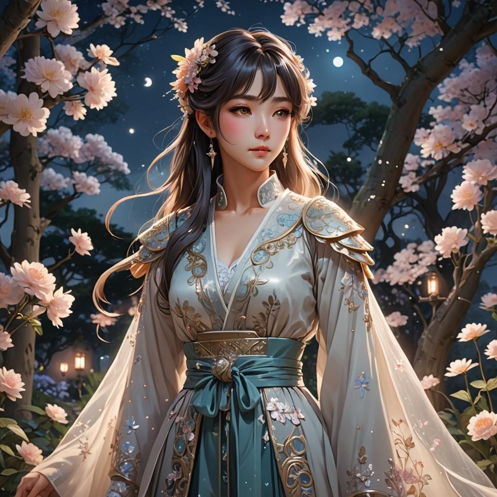 Anime Woman in Moonlit Garden, Detailed 3D Render