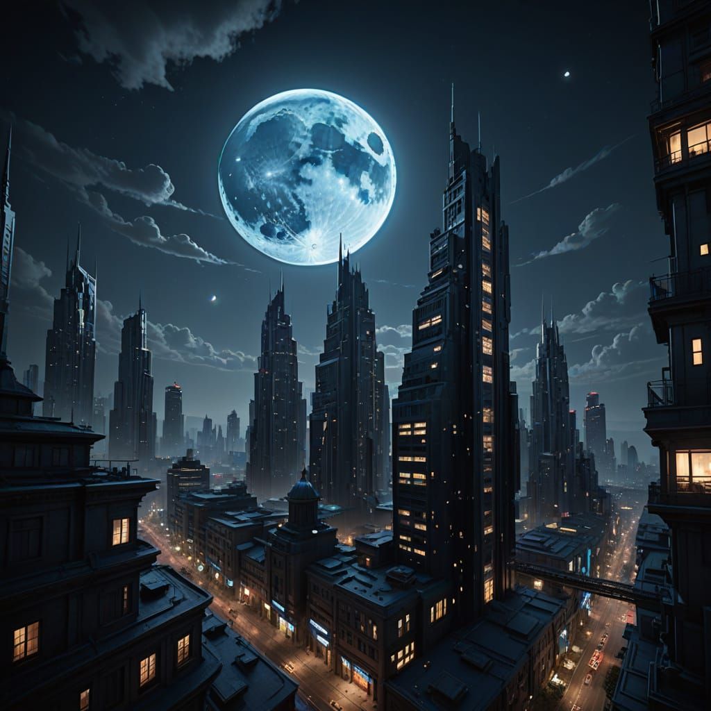 Futuristic Cityscape Silhouetted Against Giant Moon