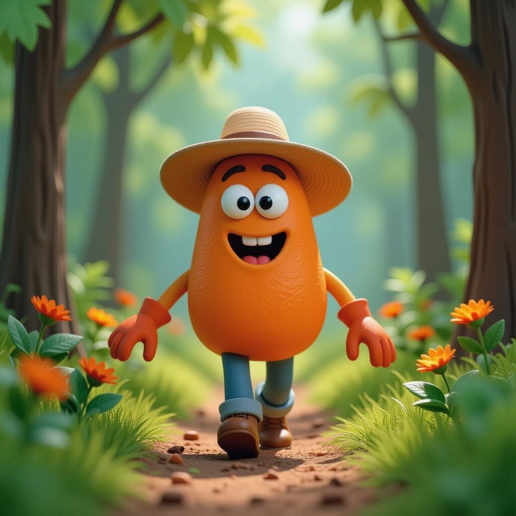 Claymation Orange Character in Garden Hat