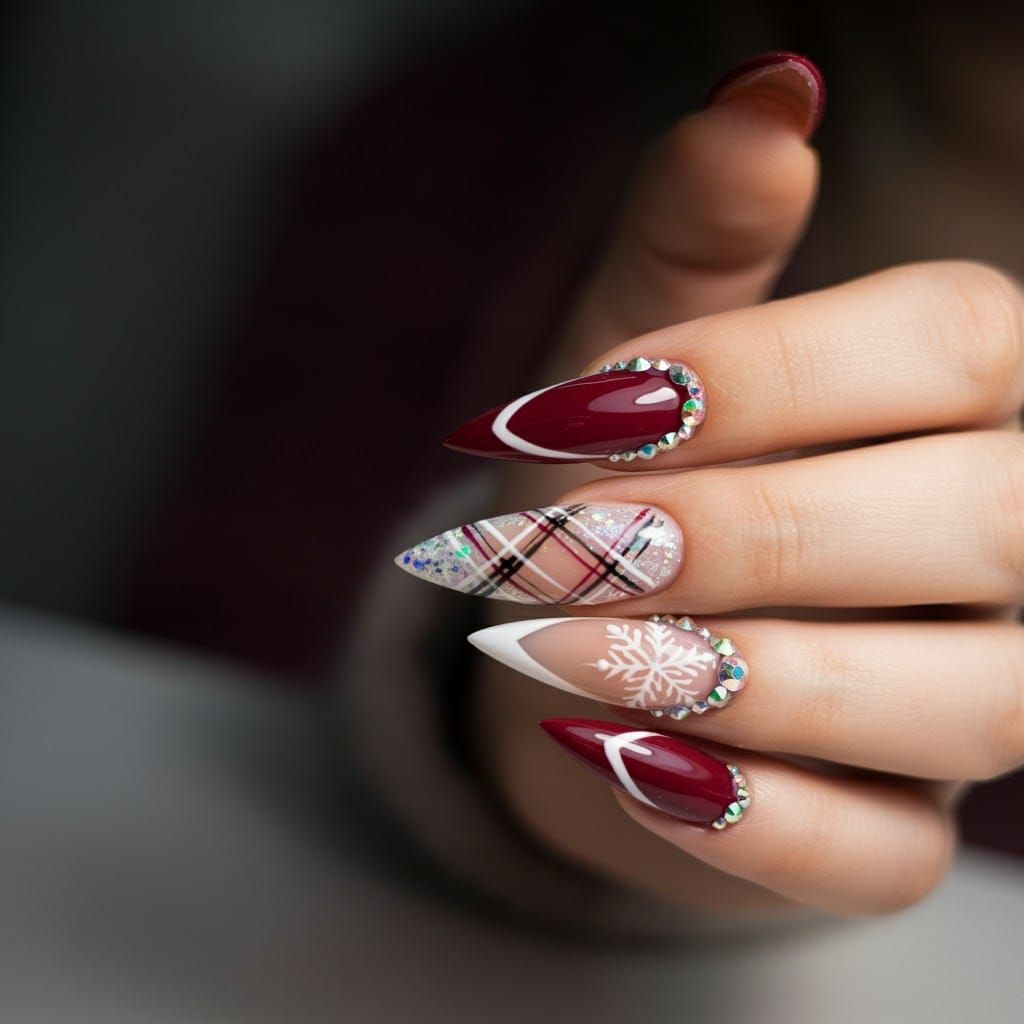 Festive Stiletto Nails with Red, White, and Glitter Accents