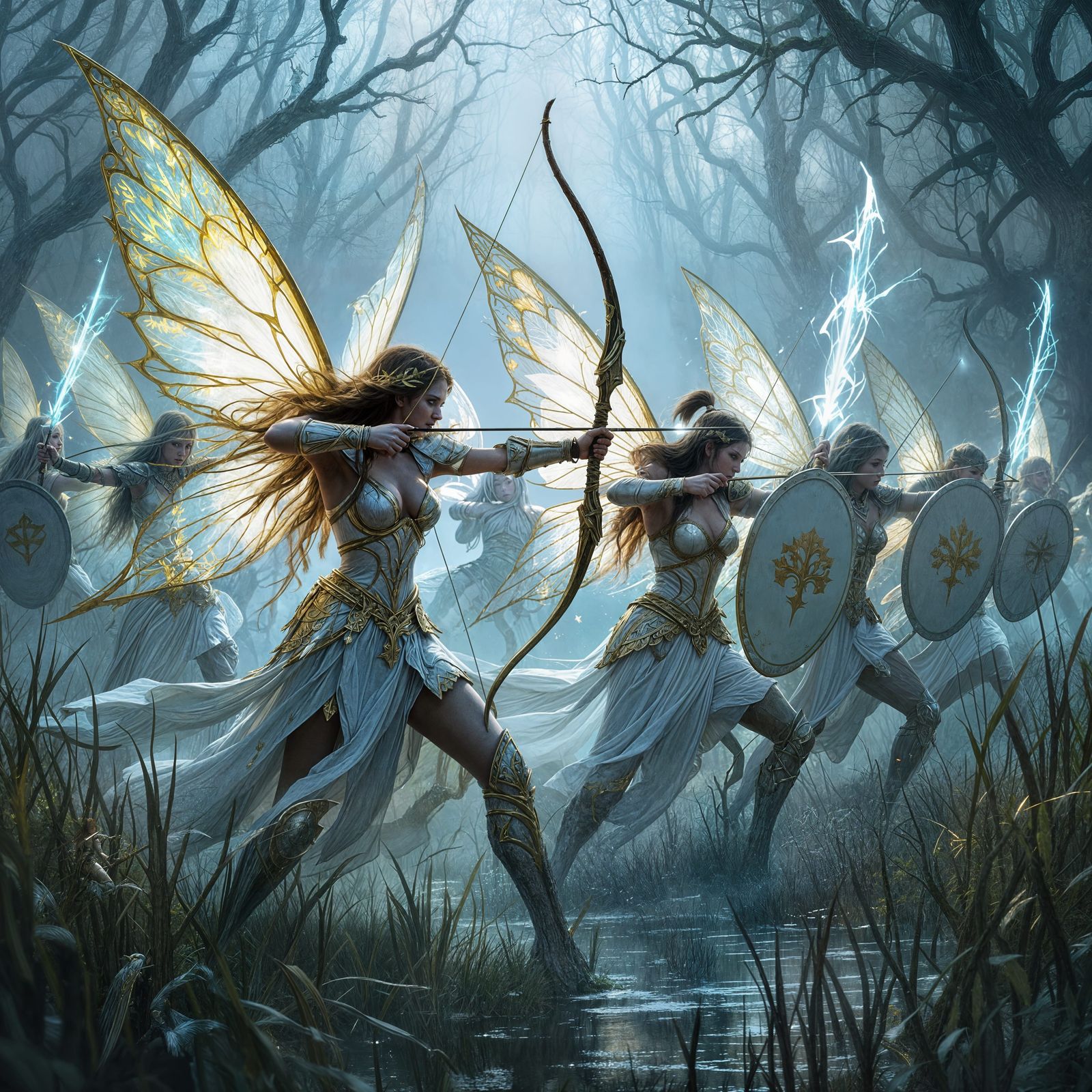 Fairy Warriors Battle Witches in Foggy Swamp