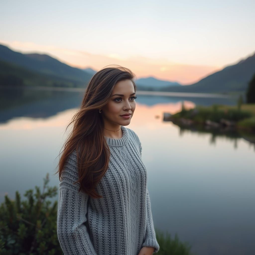 Woman by Tranquil Lake at Dawn: Photorealistic Style