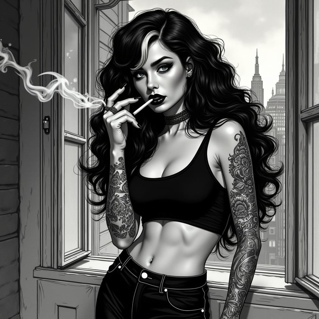 Edgy Comic Book Woman in Gritty Cityscape