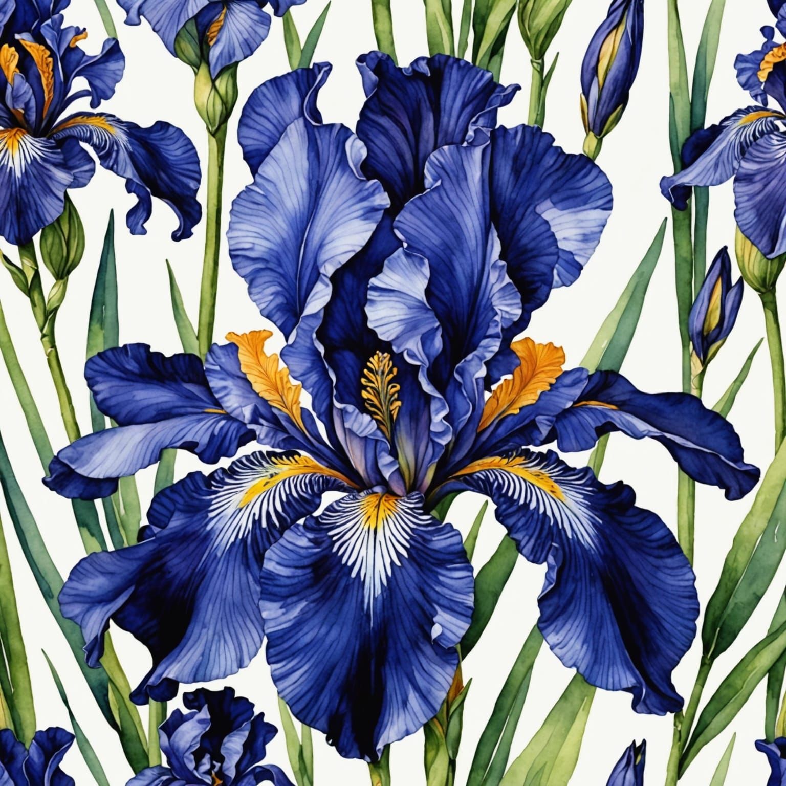Watercolor Painting of Indigo Irises