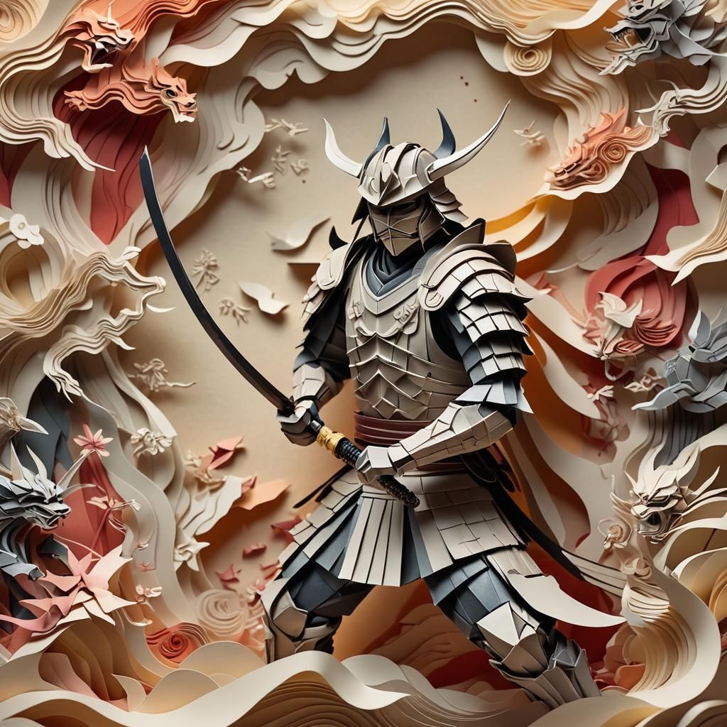 Warrior Battles Mythical Demon in Delicate Origami Papercraf...