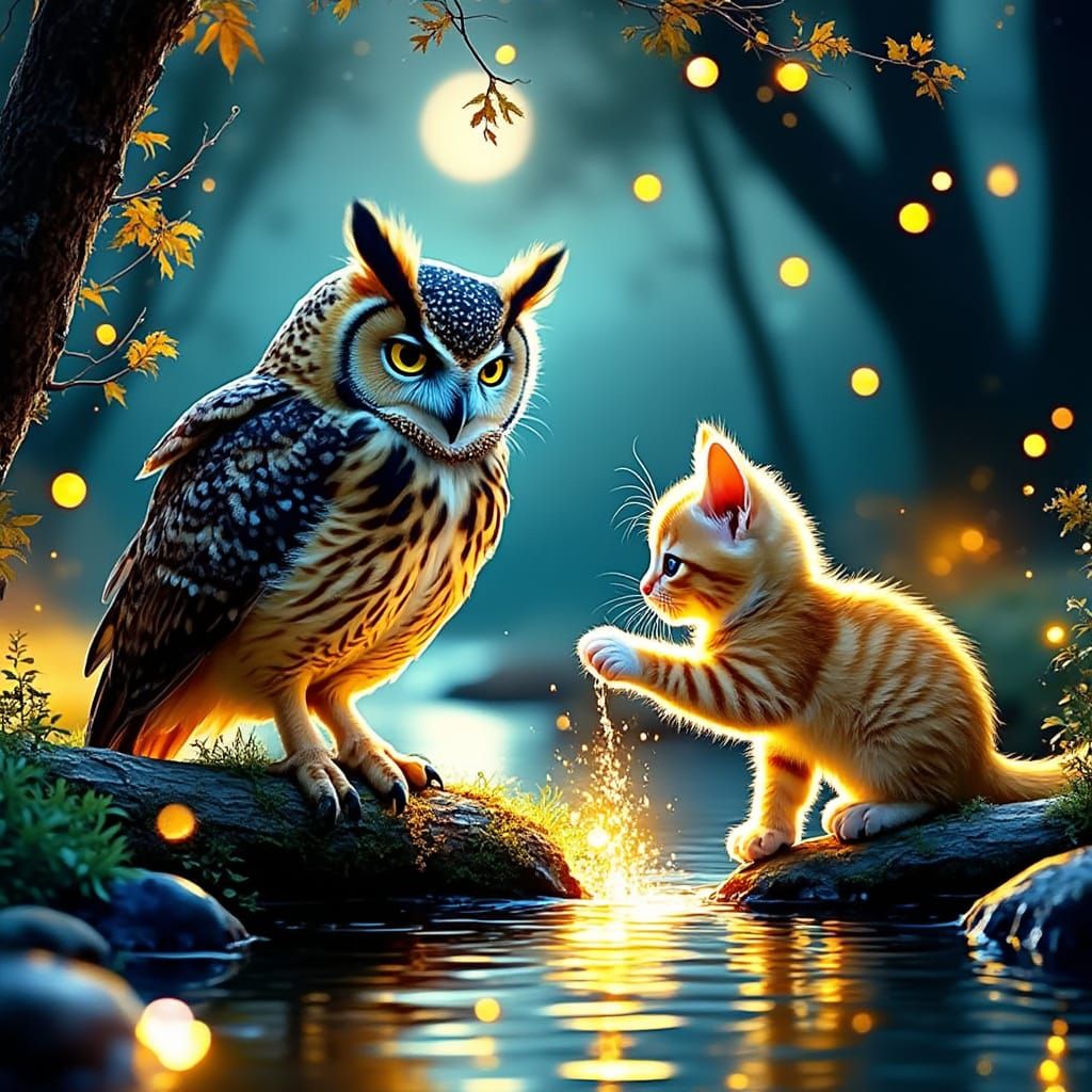 Whimsical Nighttime Scene of a Kitten and Owl