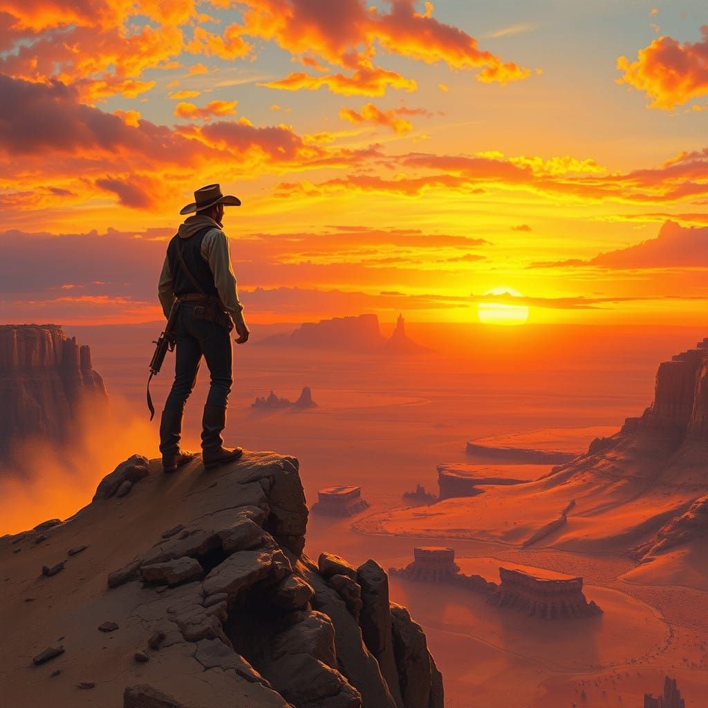 Heroic Cowboy Silhouetted Against a Wild West Sunset