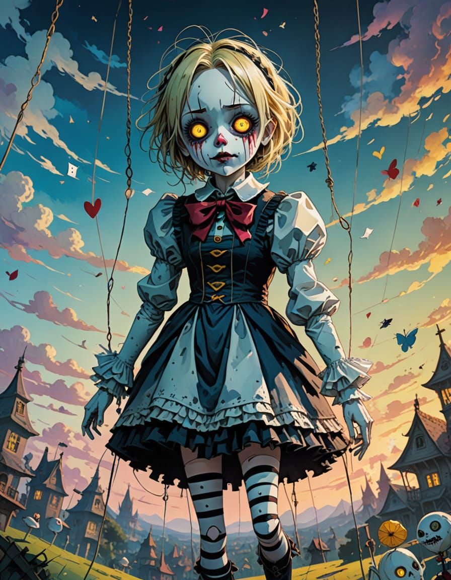 Creepy Alice Marionette in a Haunting Wonderland Scene