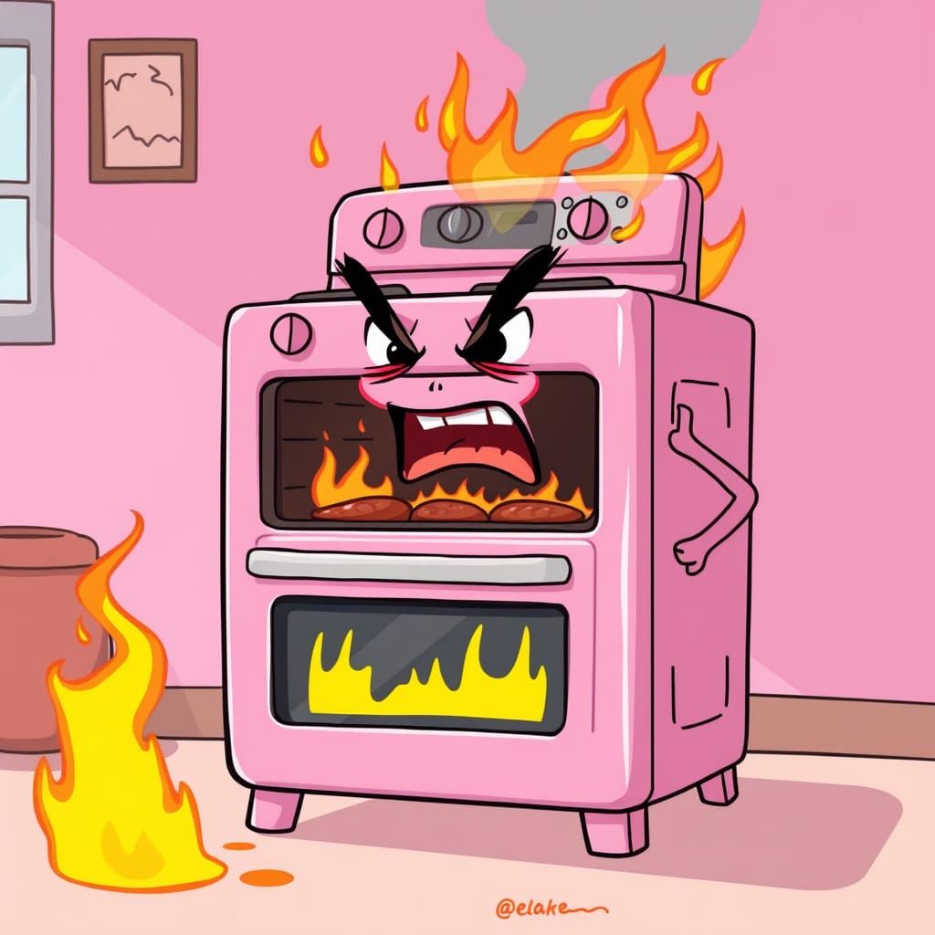 Angry Cartoon Oven on Fire
