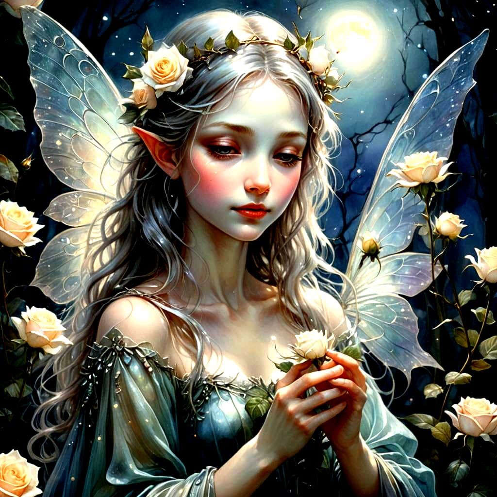 Ethereal White Rose Fairy Illustration